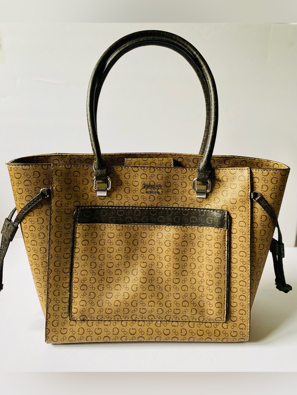 GUESS Monogram Tote in Tan with Brown Trim